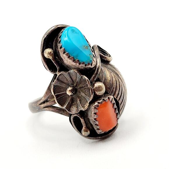 Sterling Turquoise Coral Ring – Navajo Style Sz 7.5 Squash Blossom Vintage - Picture 1 of 8